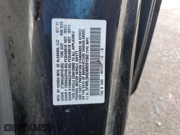 2011 Honda Odyssey Touring Elite with VIN 5FNRL5H93BB091560, listed as a Copart auction lot 52836454 with 288,041 mi miles and Salvage Title. Bid and sale history available at DreamBid. Image 12.