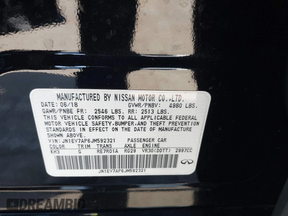 2018 Infiniti Q50 Luxe with VIN JN1EV7AP6JM592321, listed as a IAAI auction lot 41566556 with 109,545 mi miles and . Bid and sale history available at DreamBid. Image 9.