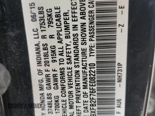 2015 Honda Civic SE z VIN 19XFB2F76FE082210, wystawiony jako Copart lot #57762515 z przebiegiem Nie podano mil oraz Szkoda całkowita • Salvage title. Historia ofert i sprzedaży dostępna na DreamBid. Obrazek 12.