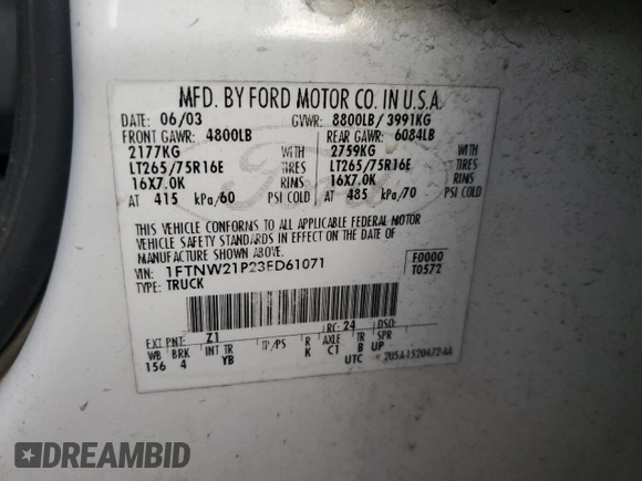 2003 Ford F-250 XL with VIN 1FTNW21P23ED61071, listed as a Copart auction lot 46162565 with 176,853 mi miles and Salvage title. Bid and sale history available at DreamBid. Image 14.