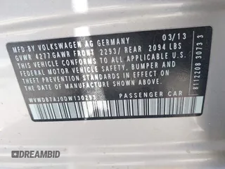 2013 Volkswagen Golf w/Conv с VIN WVWDB7AJ0DW130293, выставлен на аукционе IAAI как лот 42474230 с пробегом 188 475 миль миль и . История ставок и продаж доступна на DreamBid. Изображение 9.