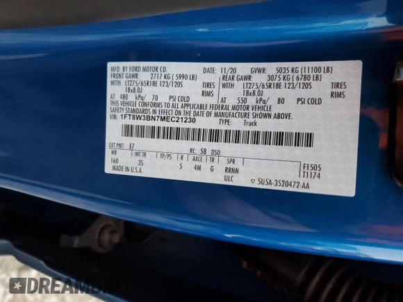 2021 Ford F-350 XL with VIN 1FT8W3BN7MEC21230, listed as a Copart auction lot 86621664 with 11,359 mi miles and Salvage Title. Bid and sale history available at DreamBid. Image 12.