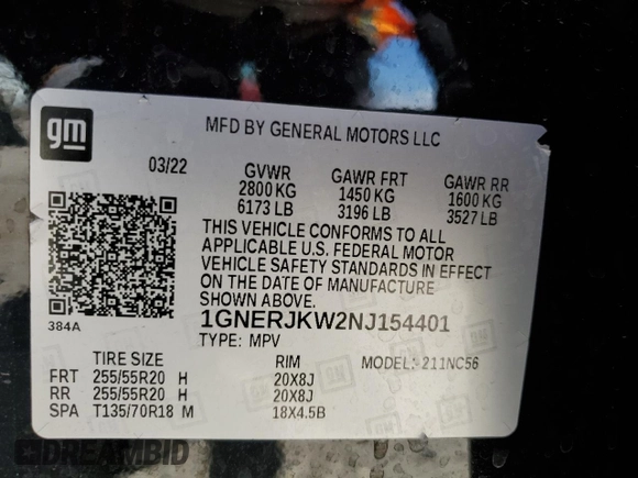 2022 Chevrolet Traverse RS with VIN 1GNERJKW2NJ154401, listed as a Copart auction lot 56026325 with 91,264 mi miles and Salvage title. Bid and sale history available at DreamBid. Image 13.