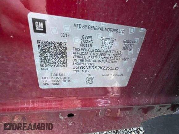2019 Cadillac XT5 Premium Luxury AWD with VIN 1GYKNFRS2KZ251595, listed as a Copart auction lot 76847104 with 23,925 mi miles and Salvage title. Bid and sale history available at DreamBid. Image 10.