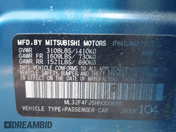 2017 Mitsubishi Mirage G4 SE with VIN ML32F4FJ5HH000686, listed as a IAAI auction lot 42057980 with 81,067 mi miles. Bid and sale history available at carsss.com. Image 9.