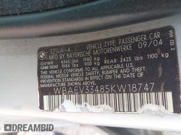 2005 BMW 3 Series 325i with VIN WBAEV33485KW18747, listed as a IAAI auction lot 42145384 with 147,120 mi miles and . Bid and sale history available at DreamBid. Image 9.