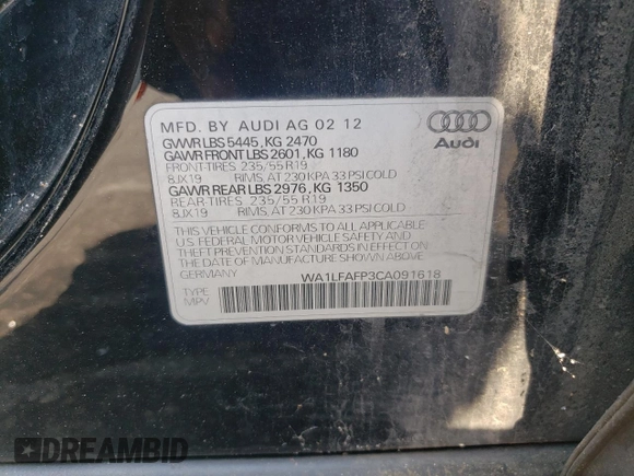 2012 Audi Q5 Premium Plus z VIN WA1LFAFP3CA091618, wystawiony jako Copart lot #62334695 z przebiegiem Nie podano mil oraz Szkoda całkowita • Salvage title. Historia ofert i sprzedaży dostępna na DreamBid. Obrazek 13.