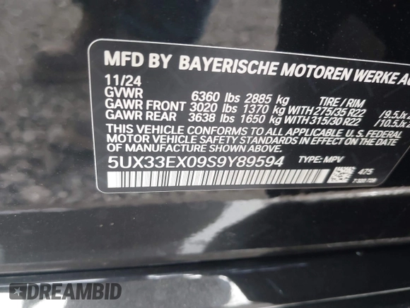 2025 BMW X6 xDrive40i with VIN 5UX33EX09S9Y89594, listed as a IAAI auction lot 42072438 with 460 mi miles and . Bid and sale history available at DreamBid. Image 9.