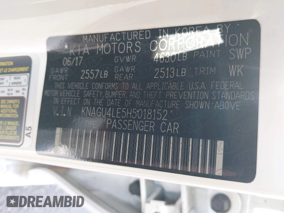 2017 Kia Optima EX with VIN KNAGU4LE5H5018152, listed as a IAAI auction lot 41448787 with 75,875 mi miles and . Bid and sale history available at DreamBid. Image 9.