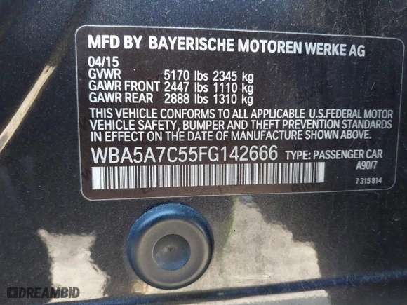 2015 BMW 5 Series 528i xDrive with VIN WBA5A7C55FG142666, listed as a IAAI auction lot 41183686 with 118,325 mi miles. Bid and sale history available at carsss.com. Image 9.