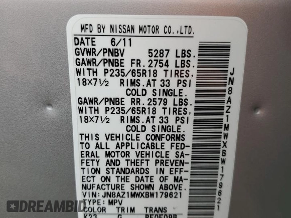 2011 Nissan Murano SV z VIN JN8AZ1MWXBW179621, wystawiony jako Copart lot #51693005 z przebiegiem 60 782 mil mil oraz Szkoda całkowita • Salvage title. Historia ofert i sprzedaży dostępna na DreamBid. Obrazek 13.
