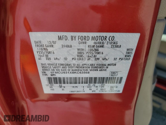 2008 Ford Escape XLT z VIN 1FMCU931X8KC63568, wystawiony jako Copart lot #60337275 z przebiegiem 168 565 mil mil oraz Szkoda całkowita • Salvage title. Historia ofert i sprzedaży dostępna na DreamBid. Obrazek 13.