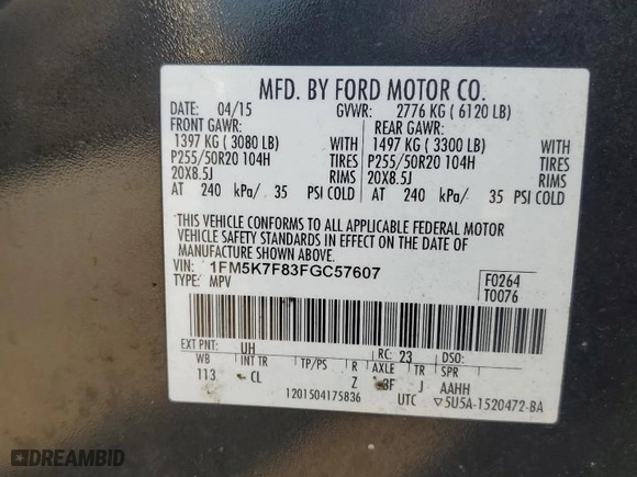 2015 Ford Explorer Limited with VIN 1FM5K7F83FGC57607, listed as a Copart auction lot 73423284 with 107,776 mi miles and Salvage Title. Bid and sale history available at carsss.com. Image 14.