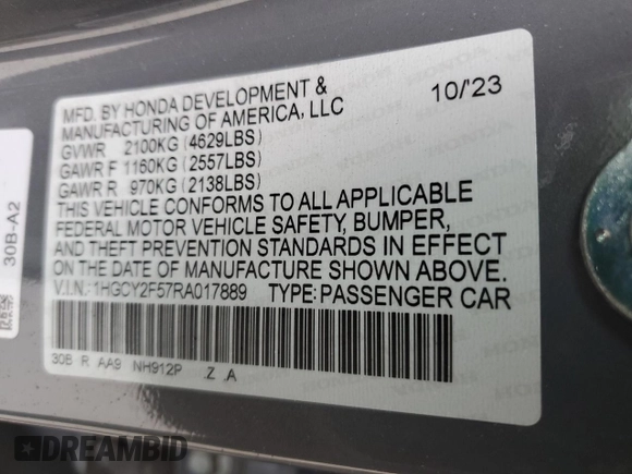2024 Honda Accord Sport с VIN 1HGCY2F57RA017889, выставлен на аукционе Copart как лот 48557025 с пробегом 33 392 миль миль и Списание • Salvage title. История ставок и продаж доступна на DreamBid. Изображение 15.