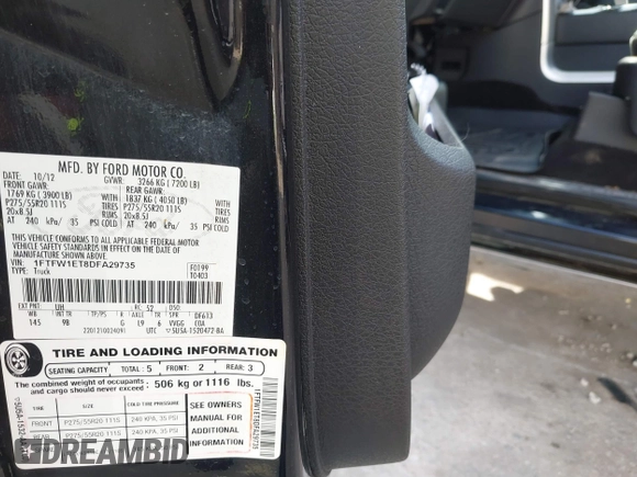 2013 Ford F-150 XL with VIN 1FTFW1ET8DFA29735, listed as a IAAI auction lot 41402010 with 247,696 mi miles. Bid and sale history available at carsss.com. Image 9.