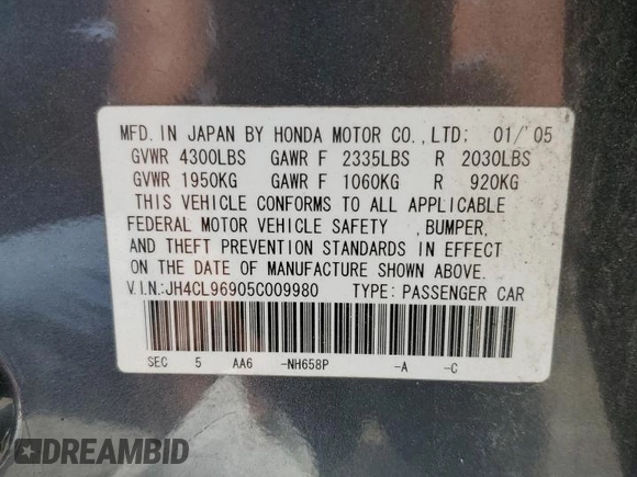 2005 Acura TSX with VIN JH4CL96905C009980, listed as a Copart auction lot 58100525 with 274,759 mi miles and Clean title. Bid and sale history available at DreamBid. Image 12.