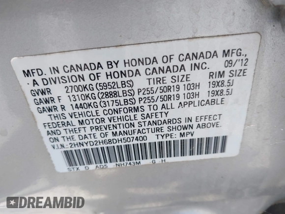 2013 Acura MDX Advance with VIN 2HNYD2H68DH507400, listed as a IAAI auction lot 42561721 with 127,985 mi miles and . Bid and sale history available at DreamBid. Image 9.