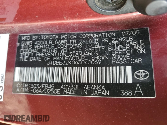 2006 Toyota Camry STD with VIN JTDBE32K063042069, listed as a Copart auction lot 43937285 with 180,796 mi miles and Salvage Title. Bid and sale history available at DreamBid. Image 12.