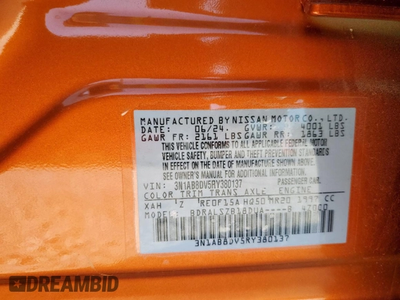 2024 Nissan Sentra SR with VIN 3N1AB8DV5RY380137, listed as a Copart auction lot 59745995 with 8,444 mi miles and Salvage title. Bid and sale history available at DreamBid. Image 12.