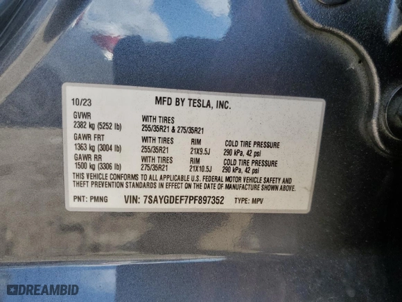 2023 Tesla Model Y Performance with VIN 7SAYGDEF7PF897352, listed as a Copart auction lot 46110445 with 20,125 mi miles and Salvage Title. Bid and sale history available at carsss.com. Image 13.