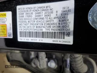 2025 Honda Civic Sport z VIN 2HGFE2F57SH522389, wystawiony jako Copart lot #46955815 z przebiegiem Nie podano mil oraz Szkoda całkowita • Salvage title. Historia ofert i sprzedaży dostępna na DreamBid. Obrazek 14.