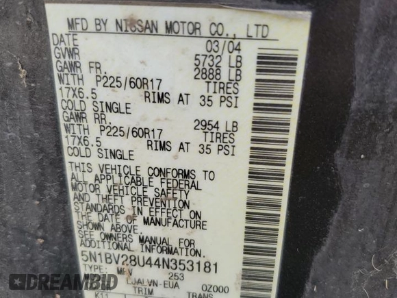 2004 Nissan Quest SE z VIN 5N1BV28U44N353181, wystawiony jako Copart lot #84300274 z przebiegiem 18 732 mil mil oraz Szkoda całkowita • Salvage title. Historia ofert i sprzedaży dostępna na DreamBid. Obrazek 16.