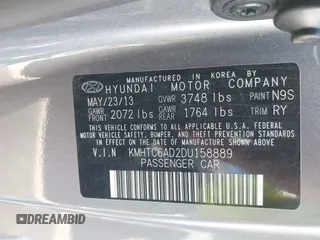 2013 Hyundai Veloster w/Black Int with VIN KMHTC6AD2DU158889, listed as a IAAI auction lot 41878065 with 157,450 mi miles and . Bid and sale history available at DreamBid. Image 9.