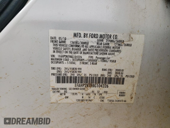 2011 Ford Taurus SHO with VIN 1FAHP2KT9BG104326, listed as a Copart auction lot 48787125 with 219,081 mi miles and Salvage Title. Bid and sale history available at DreamBid. Image 12.