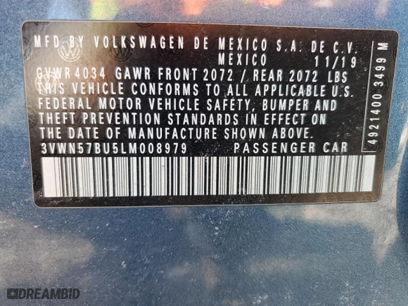 2020 Volkswagen Jetta S with VIN 3VWN57BU5LM008979, listed as a Copart auction lot 48544005 with 52,684 mi miles and Salvage Title. Bid and sale history available at carsss.com. Image 12.