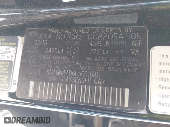 2015 Kia Optima Hybrid EX with VIN KNAGN4AD6F5091681, listed as a IAAI auction lot 42074960 with 162,748 mi miles. Bid and sale history available at carsss.com. Image 9.