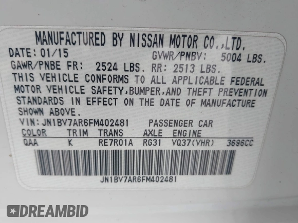 2015 Infiniti Q50 Premium z VIN JN1BV7AR6FM402481, wystawiony jako IAAI lot #41957004 z przebiegiem 171 913 mil mil oraz . Historia ofert i sprzedaży dostępna na DreamBid. Obrazek 9.