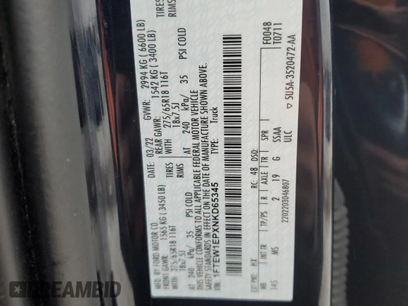 2022 Ford F-150 XL with VIN 1FTEW1EPXNKD65345, listed as a Copart auction lot 43412035 with 56,312 mi miles and Salvage Title. Bid and sale history available at carsss.com. Image 12.