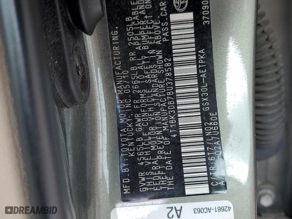 2011 Toyota Avalon with VIN 4T1BK3DB7BU378582, listed as a Copart auction lot 45302475 with 117,926 mi miles and Non Repairable. Bid and sale history available at carsss.com. Image 12.