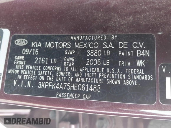2017 Kia Forte LX with VIN 3KPFK4A75HE061483, listed as a IAAI auction lot 42148250 with 161,229 mi miles. Bid and sale history available at carsss.com. Image 9.