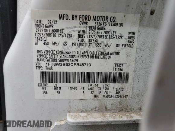 2012 Ford F-350 XL с VIN 1FT8W3B62CEB48713, выставлен на аукционе Copart как лот 56824305 с пробегом 177 936 миль миль и Списание • Salvage title. История ставок и продаж доступна на DreamBid. Изображение 12.