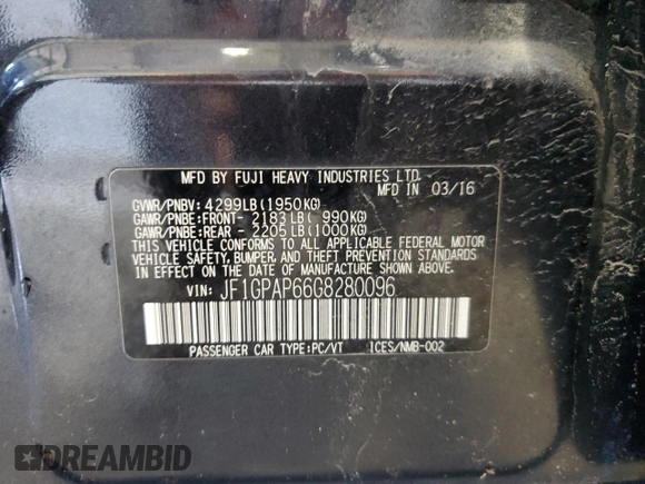 2016 Subaru Impreza Special Sports Premium with VIN JF1GPAP66G8280096, listed as a Copart auction lot 51955795 with 109,145 mi miles and Salvage title. Bid and sale history available at DreamBid. Image 15.