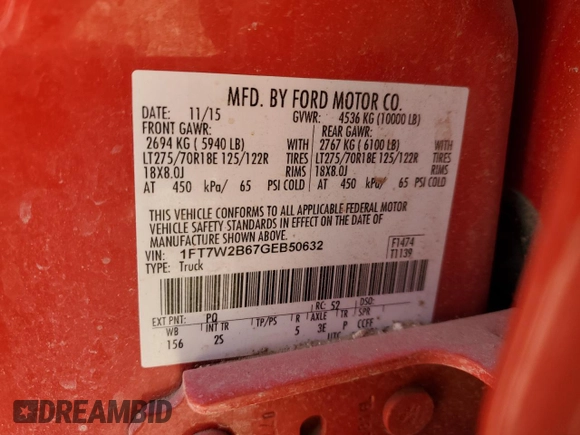 2016 Ford F-250 Lariat with VIN 1FT7W2B67GEB50632, listed as a Copart auction lot 44080195 with 228,859 mi miles and Salvage Title. Bid and sale history available at DreamBid. Image 14.