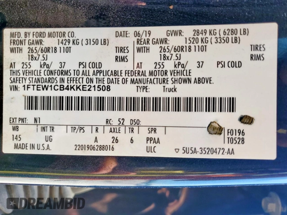 2019 Ford F-150 XL with VIN 1FTEW1CB4KKE21508, listed as a Copart auction lot 59112255 with 131,370 mi miles and Salvage title. Bid and sale history available at DreamBid. Image 12.