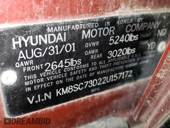 2002 Hyundai Santa Fe GLS with VIN KM8SC73D22U157172, listed as a Copart auction lot 52208105 with 198,122 mi miles and Clean Title. Bid and sale history available at carsss.com. Image 13.