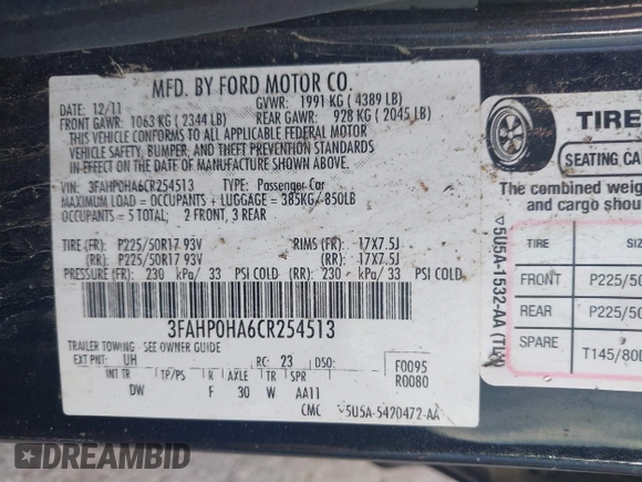 2012 Ford Fusion SE с VIN 3FAHP0HA6CR254513, выставлен на аукционе IAAI как лот 42445519 с пробегом 170 877 миль миль и . История ставок и продаж доступна на DreamBid. Изображение 9.