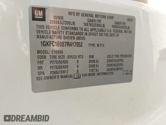 2007 GMC Yukon XL SLT z VIN 1GKFC16087R417052, wystawiony jako IAAI lot #41753046 z przebiegiem 275 008 mil mil oraz . Historia ofert i sprzedaży dostępna na DreamBid. Obrazek 9.