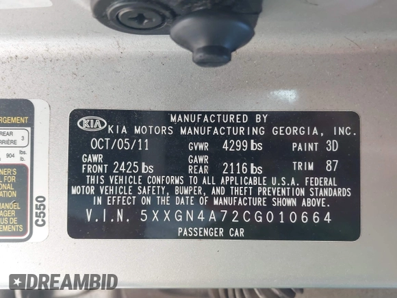 2012 Kia Optima EX with VIN 5XXGN4A72CG010664, listed as a IAAI auction lot 41824532 with 154,707 mi miles. Bid and sale history available at carsss.com. Image 9.