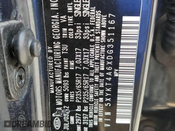 2013 Kia Sorento LX with VIN 5XYKT4A6XDG351167, listed as a Copart auction lot 59327815 with 114,499 mi miles and Salvage title. Bid and sale history available at DreamBid. Image 13.