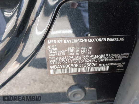 2014 BMW 7 Series ALPINA B7 with VIN WBAYE8C50ED135826, listed as a IAAI auction lot 42610145 with 75,324 mi miles and . Bid and sale history available at DreamBid. Image 9.