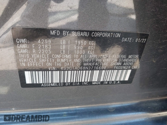 2022 Subaru Impreza Premium с VIN 4S3GTAD68N3716600, выставлен на аукционе IAAI как лот 42223741 с пробегом 34 094 миль миль и . История ставок и продаж доступна на DreamBid. Изображение 9.