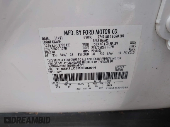 2021 Ford Explorer King Ranch z VIN 1FM5K7LC8MGC03614, wystawiony jako IAAI lot #41927773 z przebiegiem Nie podano mil oraz . Historia ofert i sprzedaży dostępna na DreamBid. Obrazek 9.