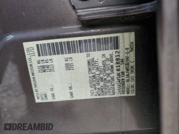 2013 Nissan Maxima SV with VIN 1N4AA5AP1DC818812, listed as a Copart auction lot 44858715 with 143,011 mi miles and Salvage Title. Bid and sale history available at DreamBid. Image 12.