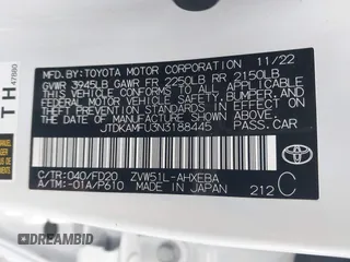 2022 Toyota Prius L Eco with VIN JTDKAMFU3N3188445, listed as a IAAI auction lot 41138076 with 25,225 mi miles and . Bid and sale history available at DreamBid. Image 9.