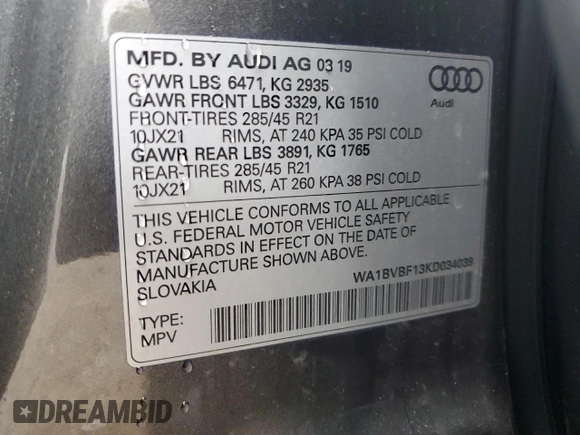 2019 Audi Q8 Premium Plus z VIN WA1BVBF13KD034039, wystawiony jako Copart lot #79762724 z przebiegiem 55 412 mil mil oraz Szkoda całkowita • Salvage title. Historia ofert i sprzedaży dostępna na DreamBid. Obrazek 14.