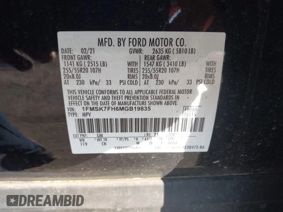 2021 Ford Explorer Limited with VIN 1FMSK7FH6MGB19835, listed as a IAAI auction lot 40901226 with 66,182 mi miles. Bid and sale history available at carsss.com. Image 9.